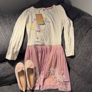 Unicorn Print Kids Casual Dress - Pink & Cream with shoes - NWT